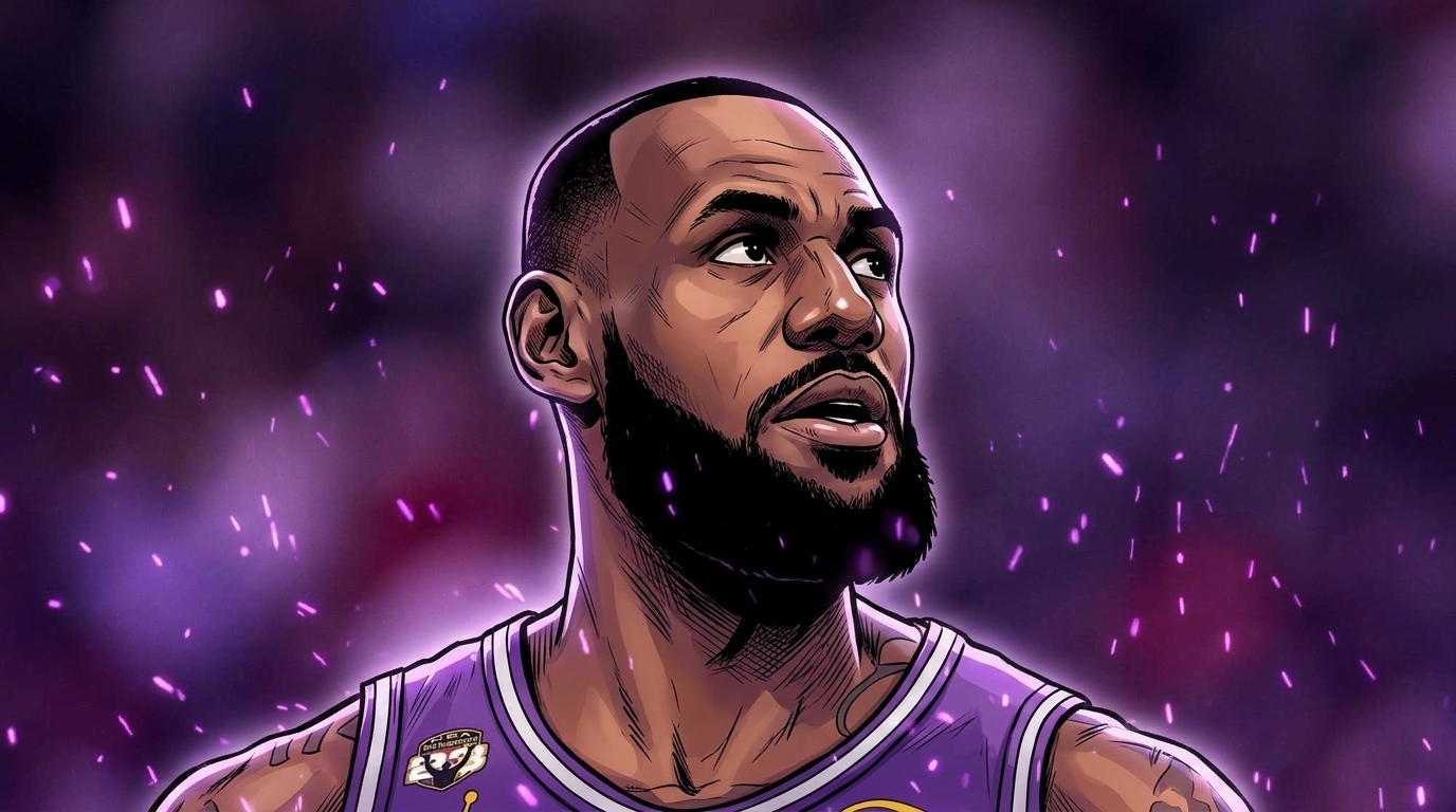 Comic-style portrait of LeBron James looking upward in a purple jersey, with a purple particle-field effect against a blurred arena background