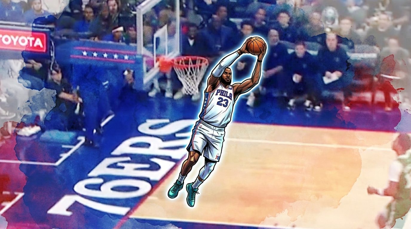 Comic-style illustration of LeBron James catching a Tyrese Maxey alley-oop lob in his Philadelphia 76ers home debut