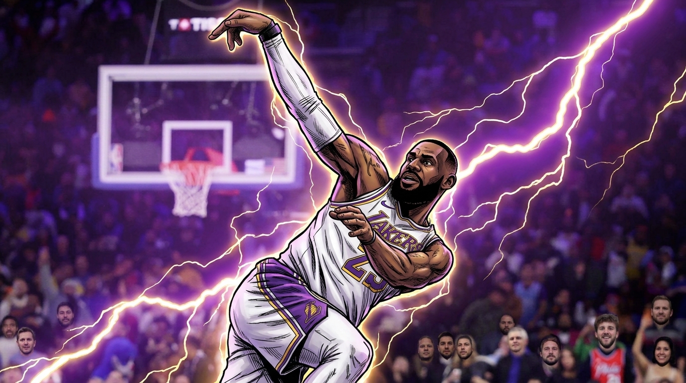 Comic-style illustration of LeBron James in his white Lakers jersey leaping with his shooting arm fully extended after a jump shot, purple and gold lightning crackling across the dark arena background as a blurred crowd looks on.