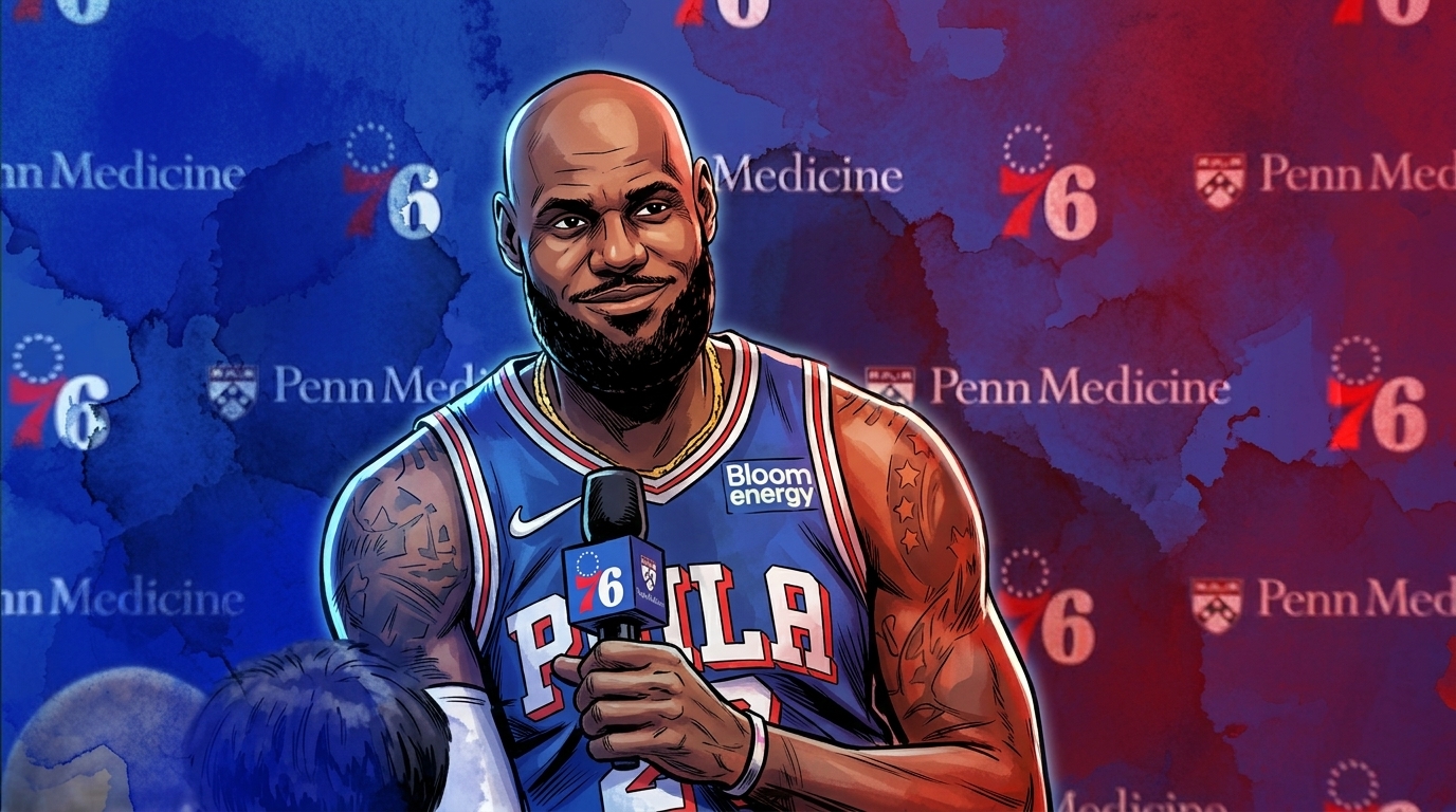 Comic-style illustration of LeBron James in his Philadelphia 76ers jersey speaking into a microphone at Sixers Media Day, with a blue-to-red ink wash effect over a step-and-repeat backdrop