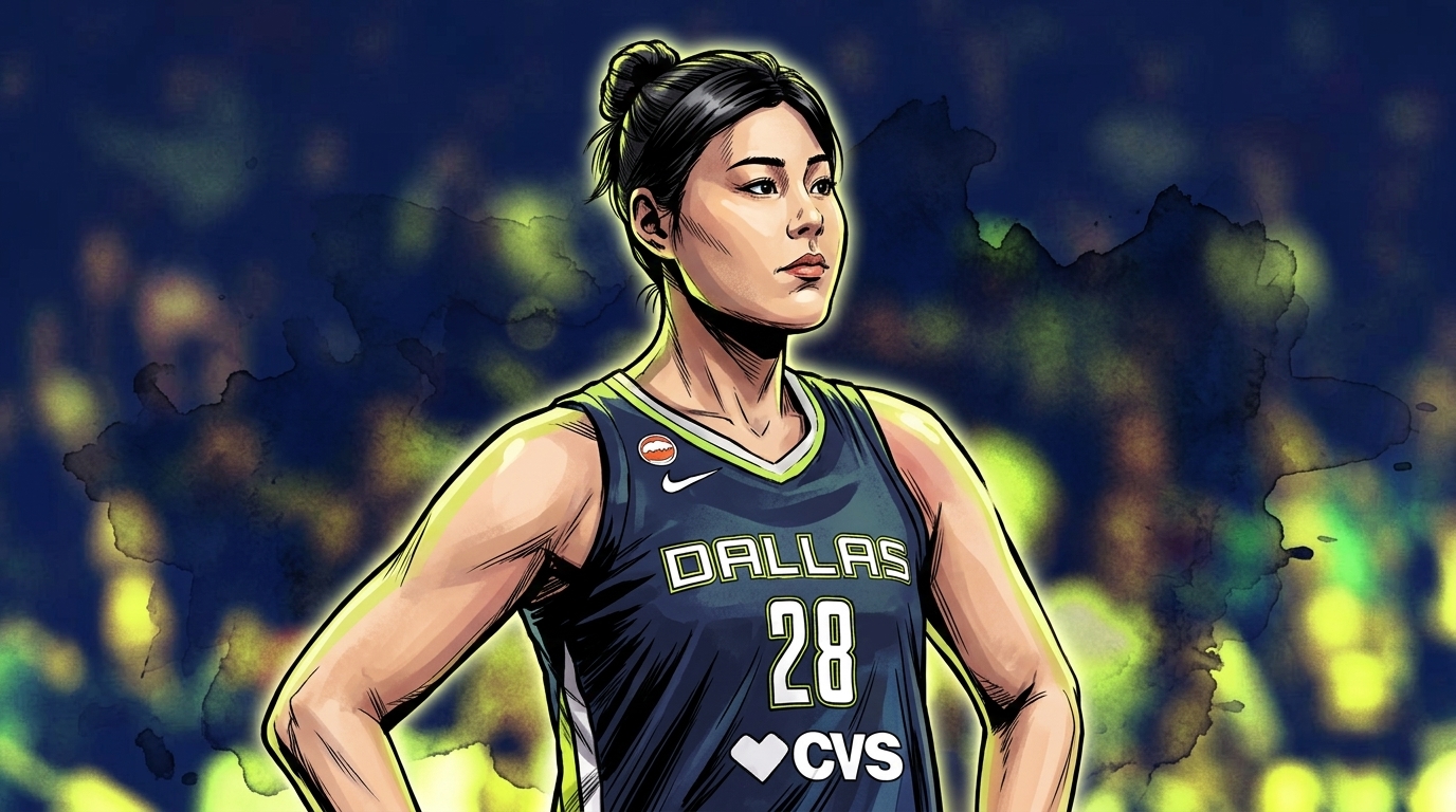 Comic-style illustration of Li Yueru in a dark navy Dallas Wings jersey with neon yellow-green trim, hands on hips, ink wash and watercolor bleed effect in navy and neon green behind her