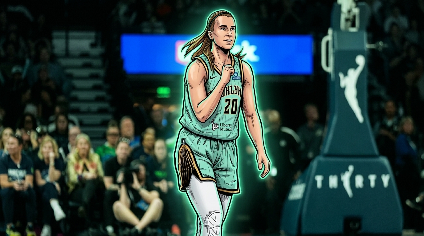 Comic-style illustration of Sabrina Ionescu celebrating in a New York Liberty jersey