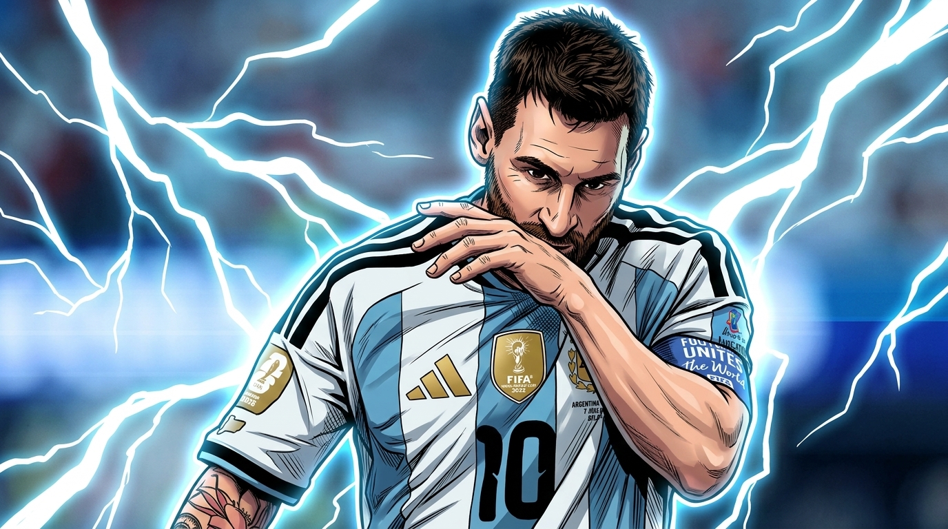 Comic-style illustration of Lionel Messi in an Argentina national team jersey with a storm and lightning effect over a dark sky background