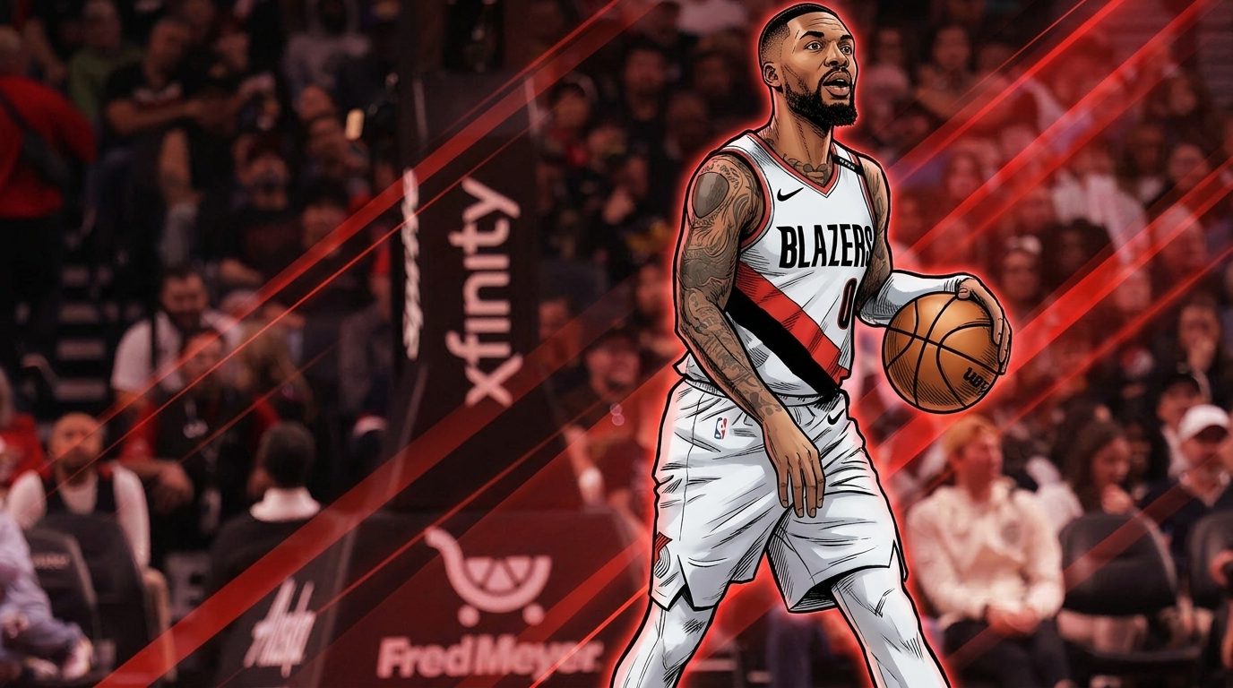 Comic-style illustration of Damian Lillard dribbling in a white Portland Trail Blazers #0 jersey, red geometric light-streak effect radiating behind him