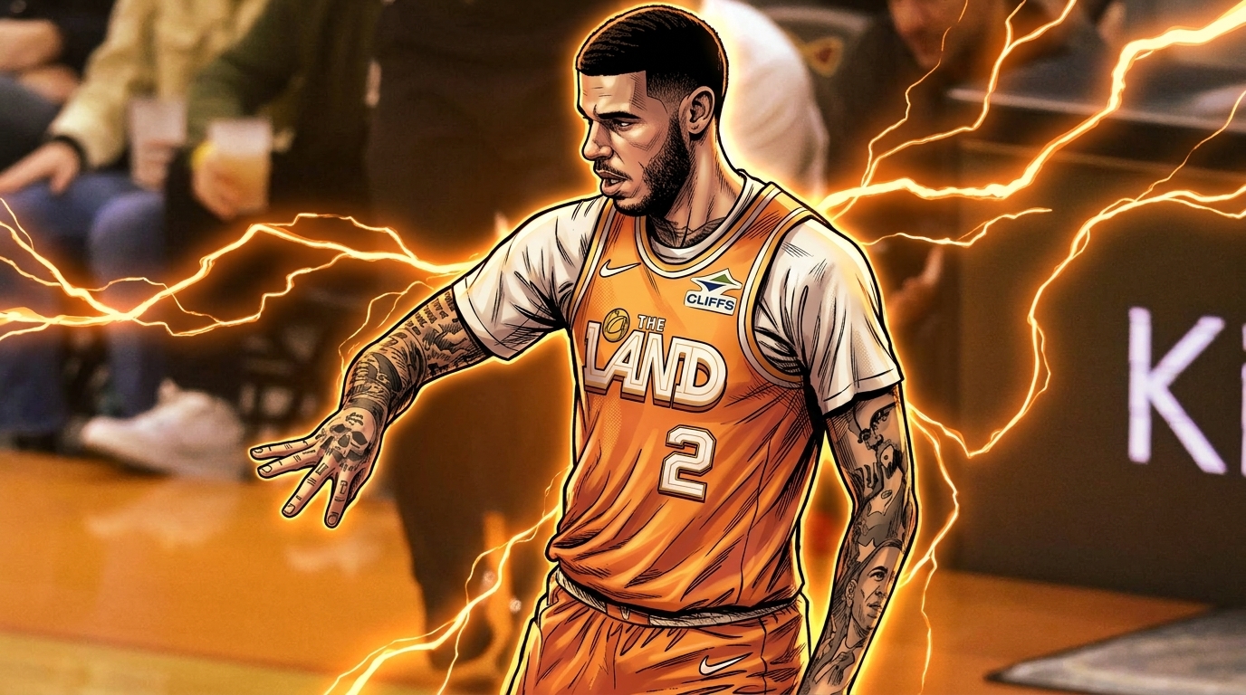 Comic-style illustrated portrait of Lonzo Ball in an orange Cleveland Cavaliers 'The Land' jersey with an electric energy effect