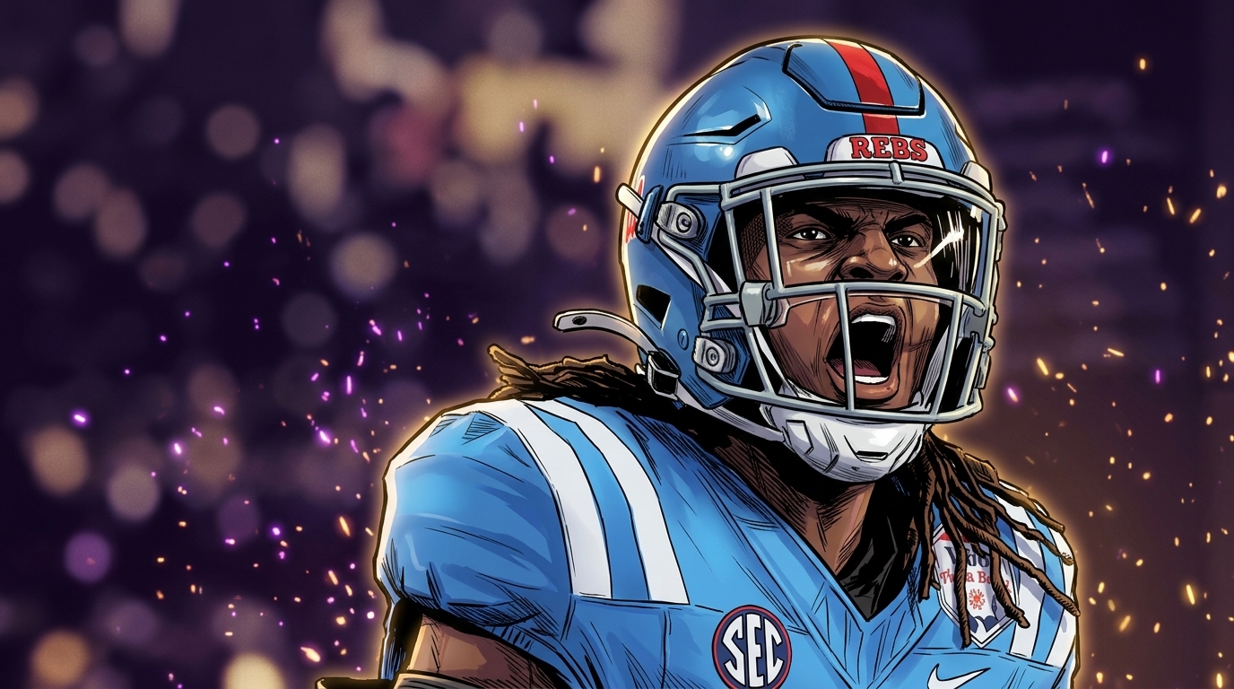 Comic-style illustration of Dae'Quan Wright in an Ole Miss Rebels helmet and jersey, shouting, purple and gold particle-field ember effect background