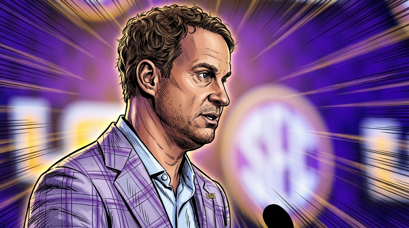Comic-style illustration of LSU head coach Lane Kiffin speaking at a press podium in profile, wearing a lavender and purple plaid sport coat over a light blue shirt, purple LSU and SEC step-and-repeat backdrop, purple and gold shockwave light-ray effect