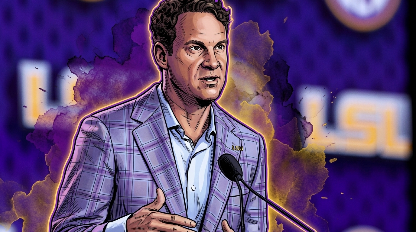Comic-style illustration of LSU head coach Lane Kiffin speaking at a podium microphone in a purple plaid jacket with LSU pin, purple and gold ink-wash background