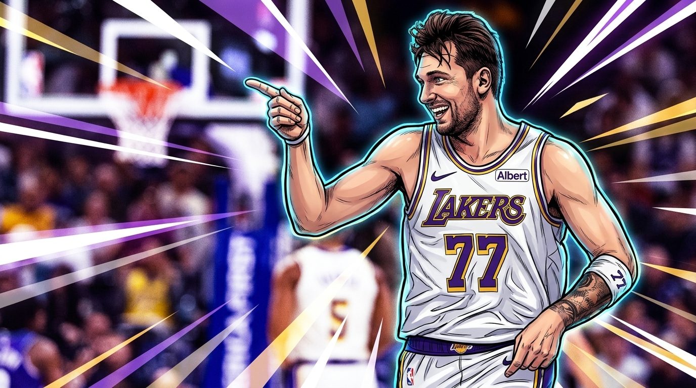 Comic-style illustration of Luka Doncic in a white Lakers jersey, number 77, pointing and smiling, framed by a purple-and-gold geometric light streak effect over a blurred arena background