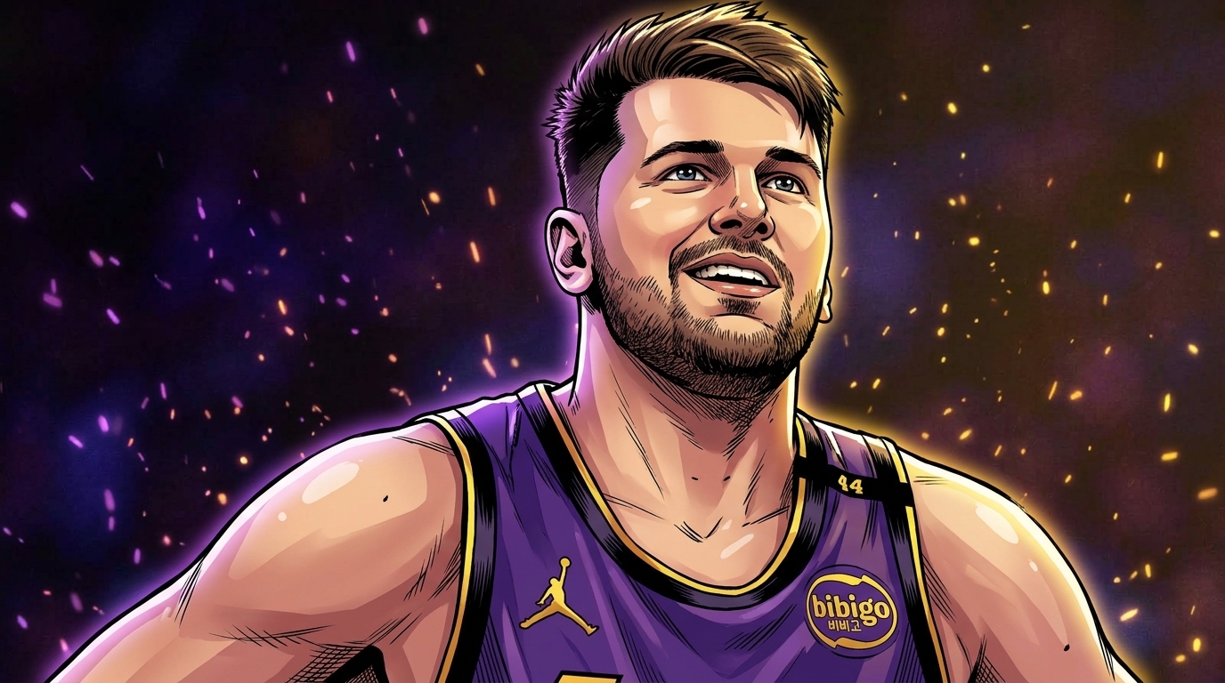 Comic-style illustration of Luka Doncic smiling in a purple Lakers jersey, particle field and floating embers effect radiating behind him