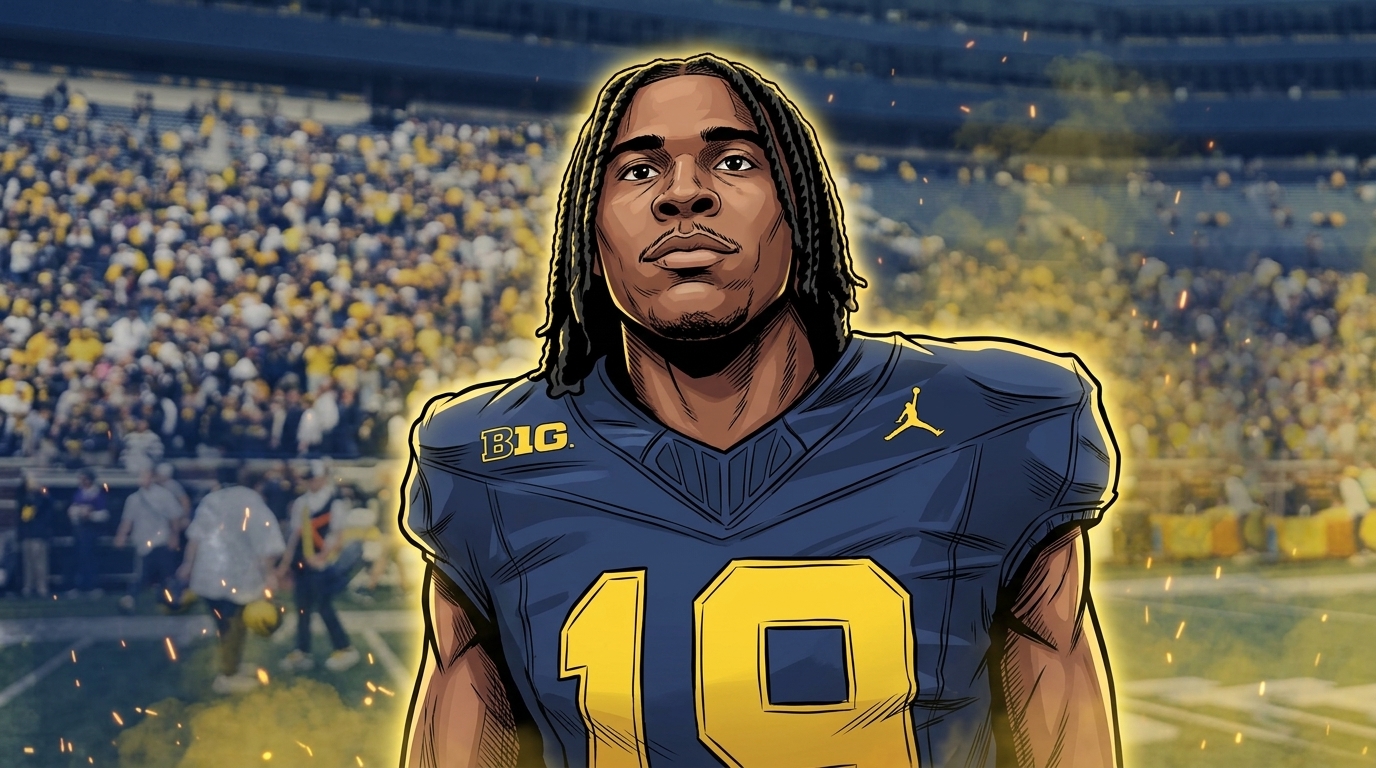 Comic-style illustration of Michigan Wolverines quarterback Bryce Underwood in his navy No. 19 jersey, sparks glowing around him with the Michigan Stadium crowd blurred behind him.