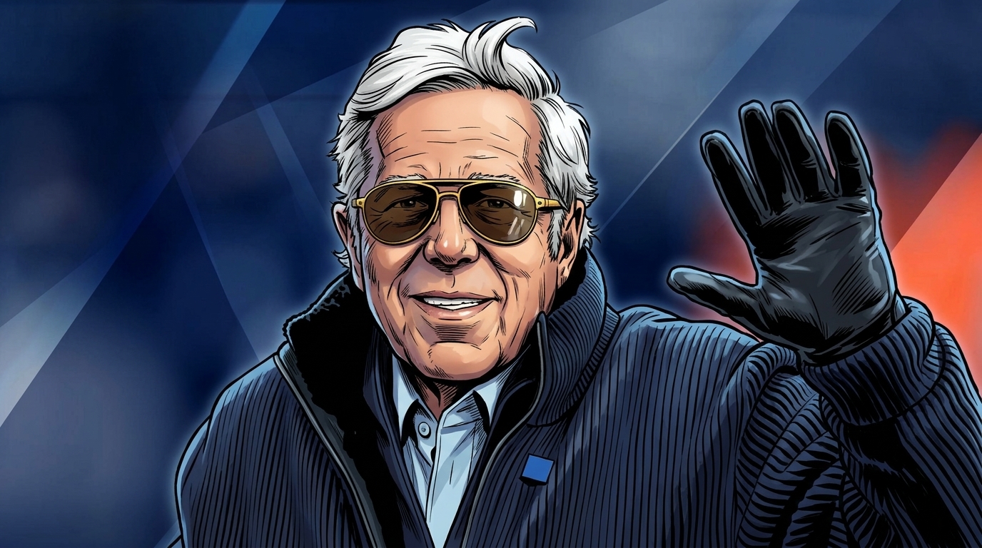 Comic-book illustration of Robert Kraft in a navy quarter-zip jacket and black glove, waving, aviator sunglasses, geometric blue-and-orange light-streak effect over a blurred stadium background