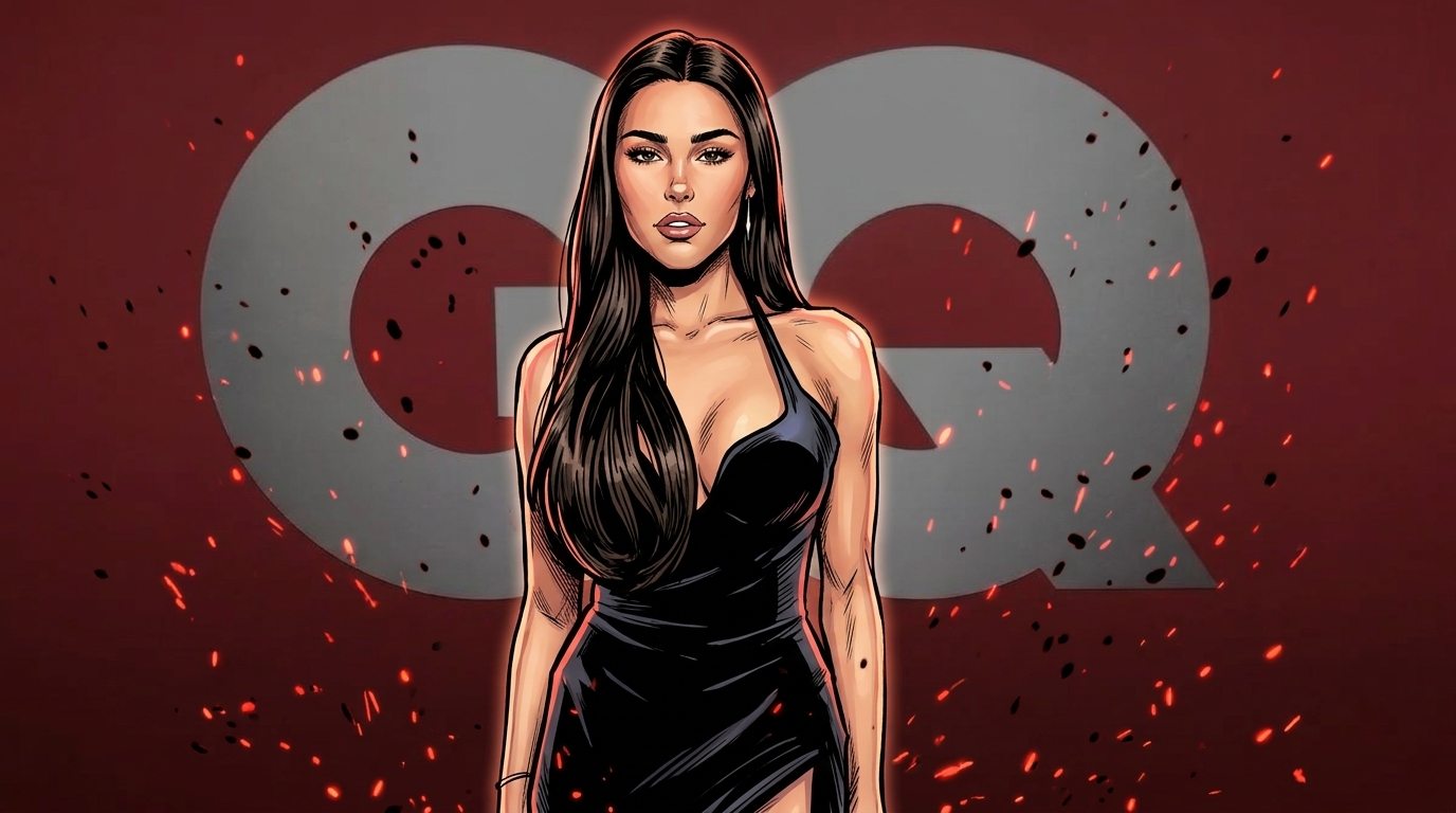 Madison Beer in Marvel comic book illustration style, black halter dress, GQ red carpet backdrop, red particle-field and floating-embers effect