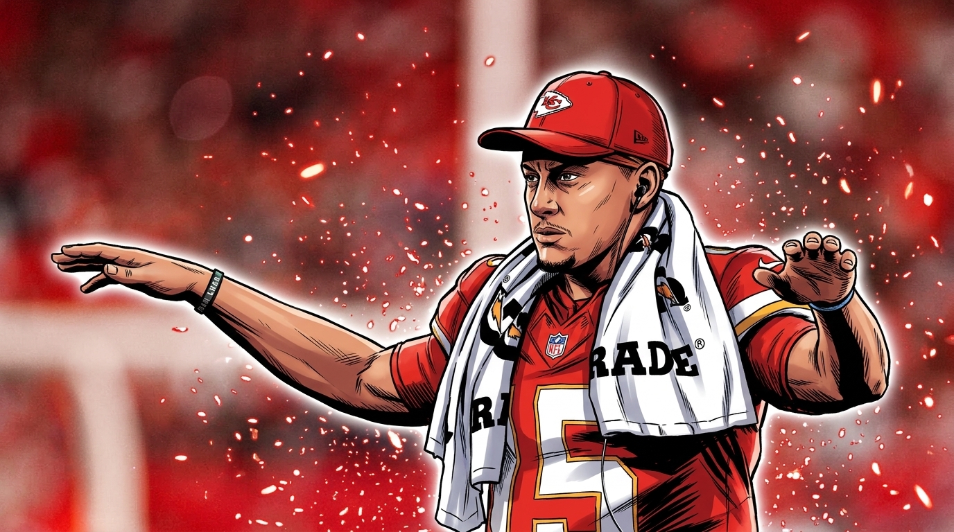 Comic-style illustration of Patrick Mahomes in his red Chiefs jersey gesturing on the sideline, particle-field effect background