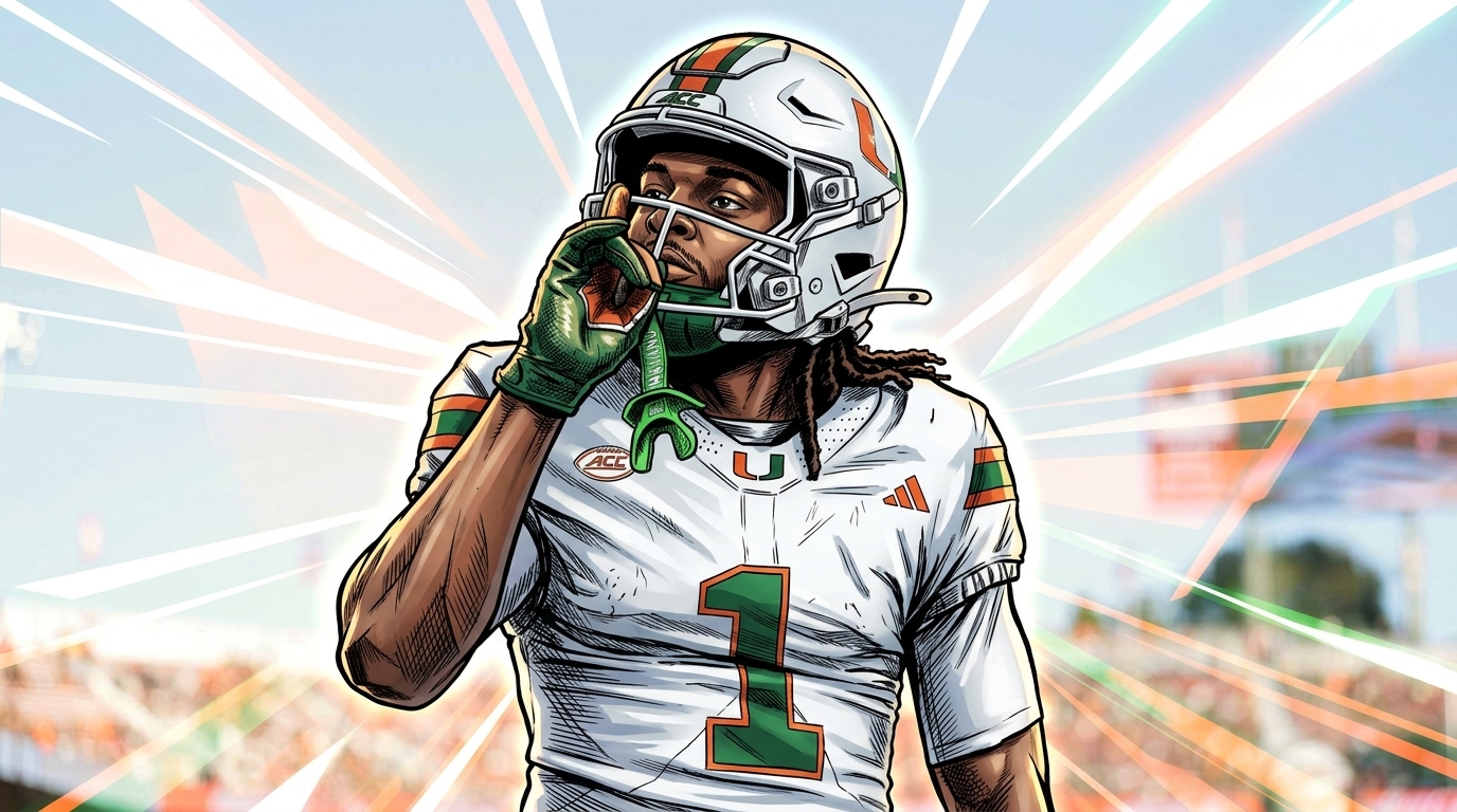 Comic-style illustration of Malachi Toney in a Miami Hurricanes jersey, number 1, with geometric light streaks radiating behind him
