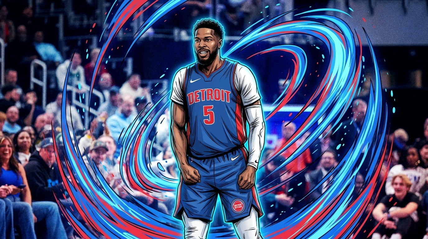 Comic-style illustration of Malik Beasley in a Detroit Pistons jersey with a red and blue shockwave effect against an arena crowd