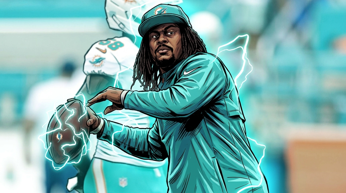 Comic-style illustration of Malik Willis in a teal Dolphins pullover throwing a pass, with an electric-energy lightning effect against a stadium sideline background