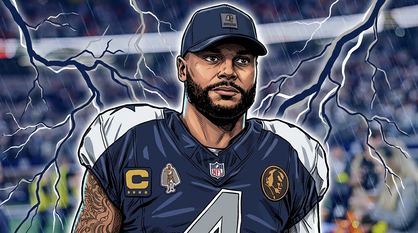 Comic-style illustration of Dallas Cowboys quarterback Dak Prescott in a navy #4 jersey and cap, with a storm and lightning effect over a blurred stadium background