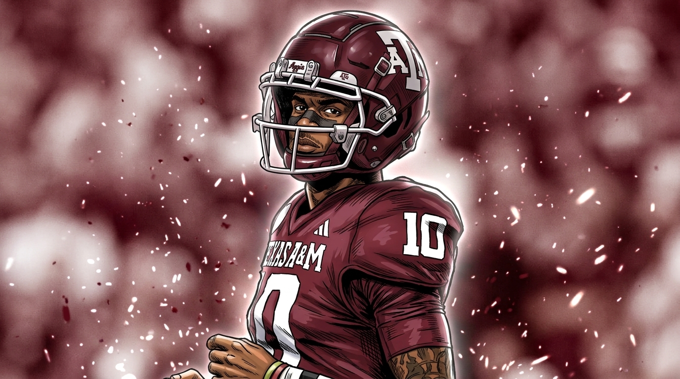 Marcel Reed in Texas A&M maroon jersey number 10, comic style with ember particle effect