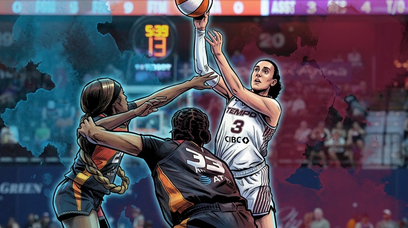 Marina Mabrey #3 of the Toronto Tempo shooting over Connecticut Sun defenders, Marvel comic illustration