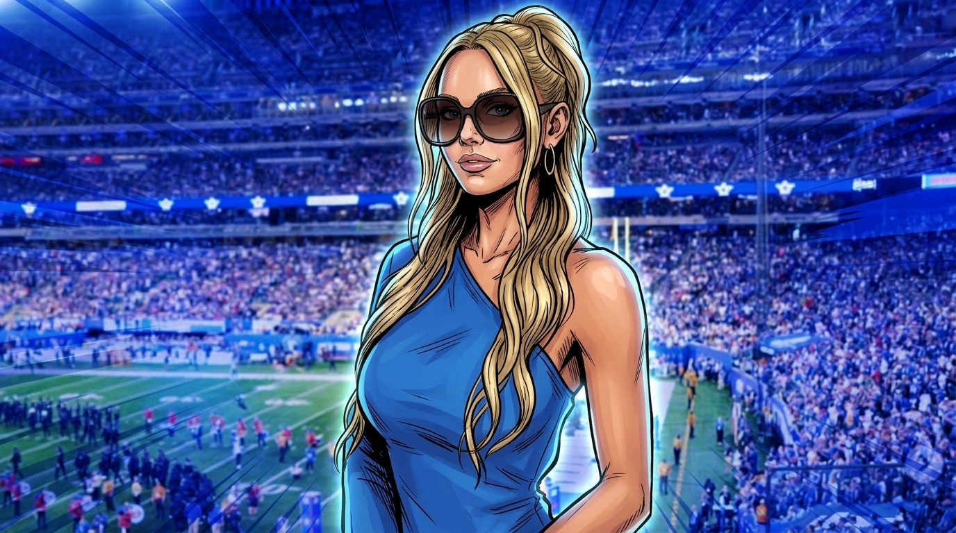Comic-style illustration of Marissa Ayers in a royal blue one-shoulder dress and sunglasses in front of a packed NFL stadium, blue shockwave effect.