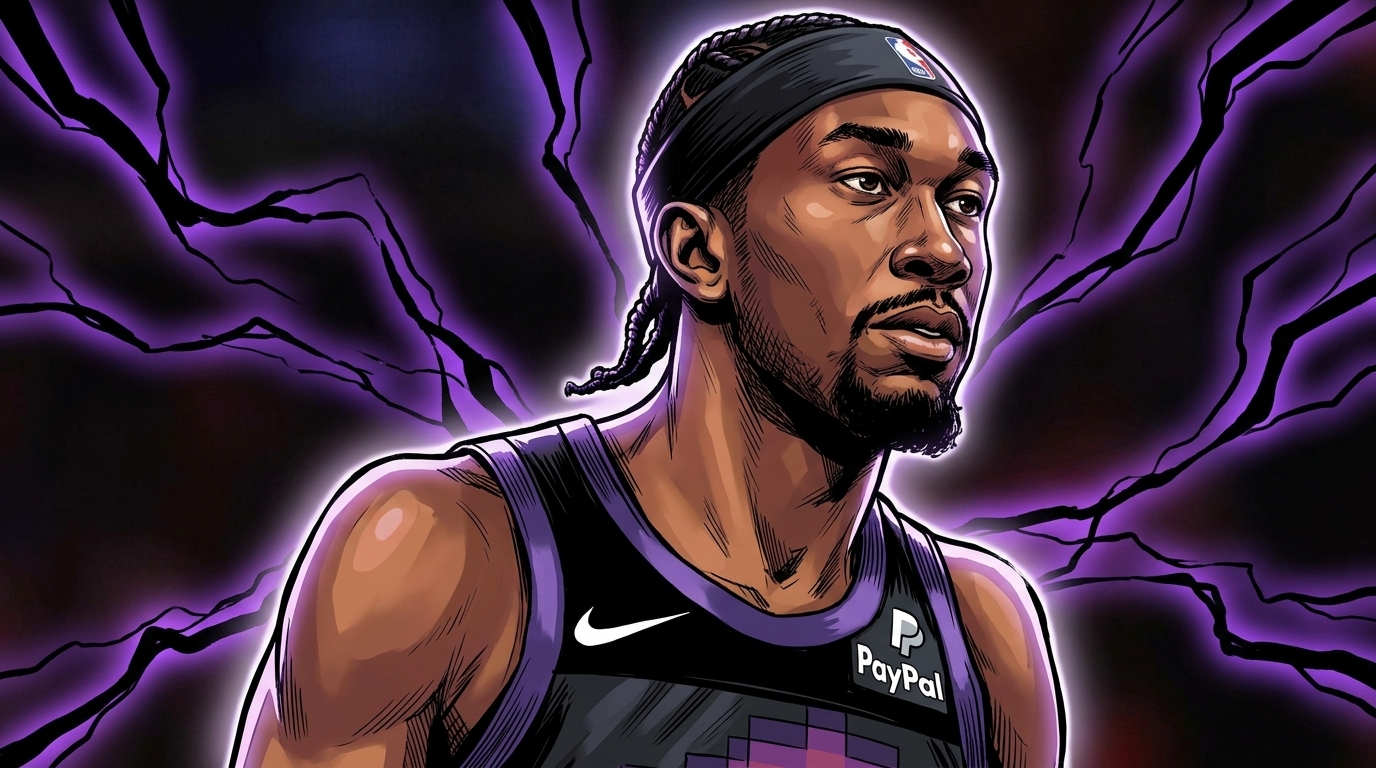 Comic-style illustration of Phoenix Suns center Mark Williams in a black and purple city-edition jersey, purple electric energy effect radiating around him against a dark arena background