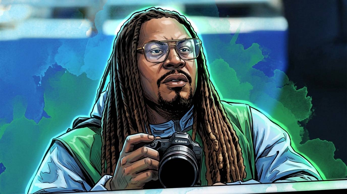Comic-style illustration of Marshawn Lynch holding a Canon camera in a sky-blue jacket and green press vest, with a blue-green ink-wash stadium background.