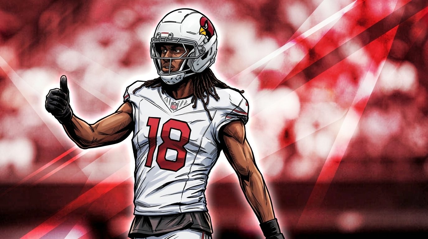 Comic-style illustration of Arizona Cardinals receiver Marvin Harrison Jr., jersey number 18, giving a thumbs-up in his white road jersey and helmet, geometric red light streaks over a stadium crowd background.