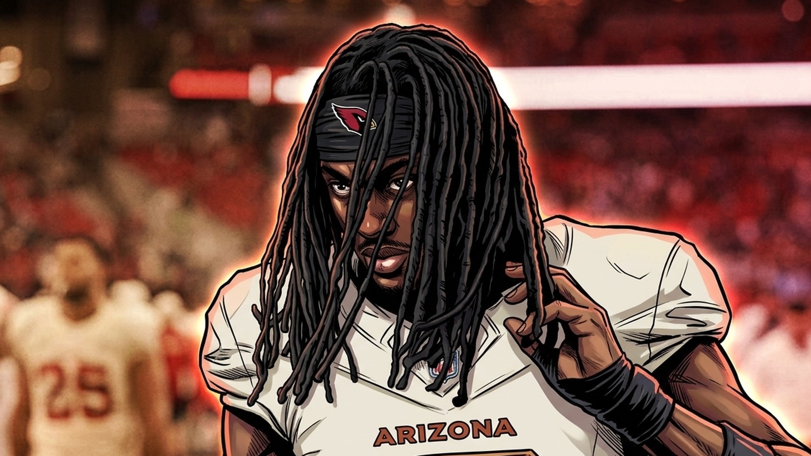 Comic-style illustration of Marvin Harrison Jr. in the Arizona Cardinals' sand-and-copper Rivalries alternate jersey, neon rim glow effect, blurred stadium background