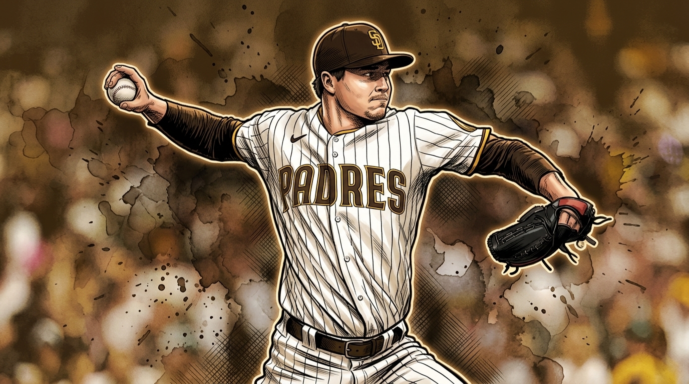Mason Miller of the San Diego Padres rendered in comic book style, mid-windup in his home white pinstripe jersey, outlined against a brown-and-gold ink wash crowd backdrop