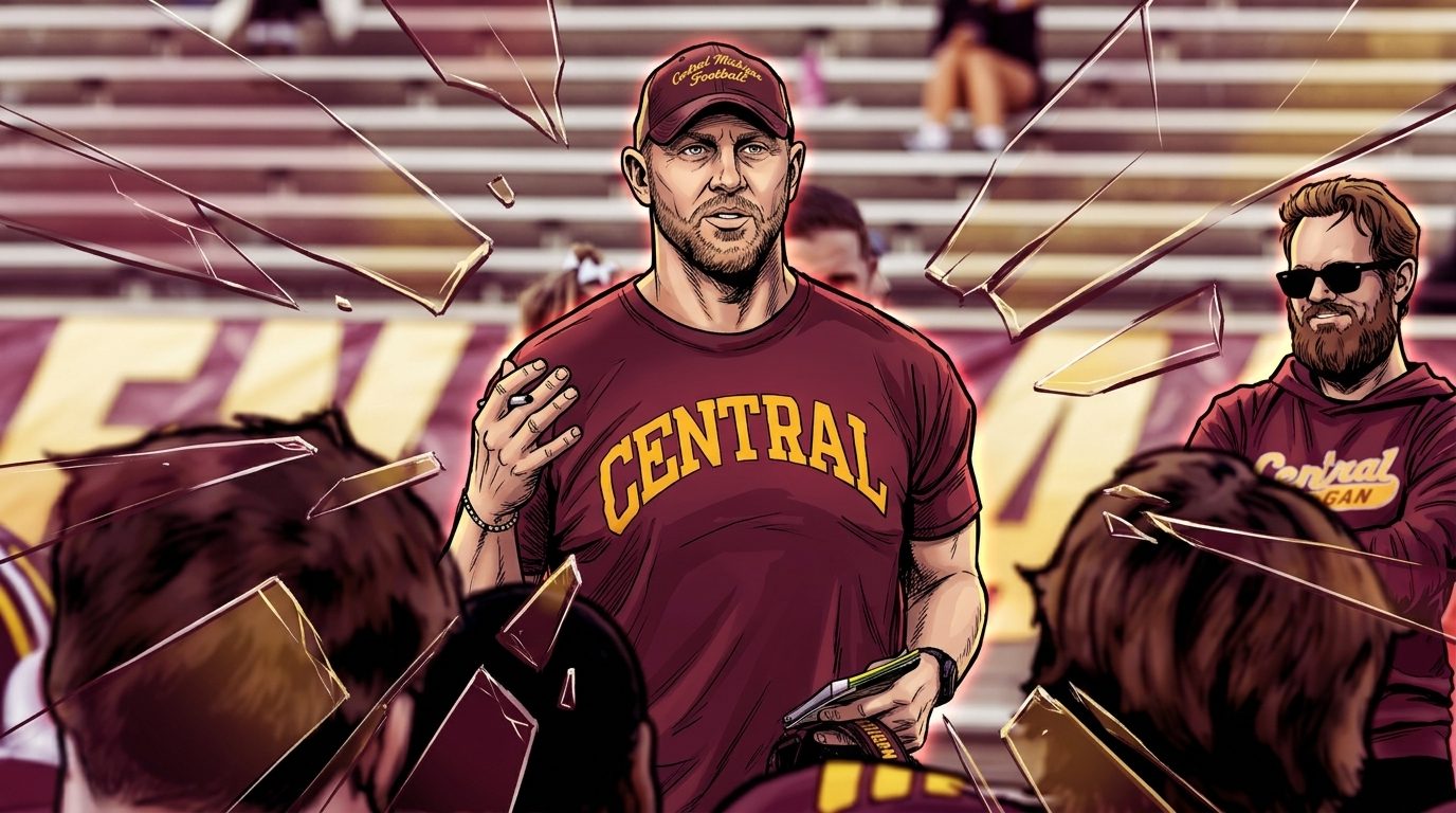 Comic-style illustration of Central Michigan head coach Matt Drinkall in a maroon Central t-shirt and Chippewas cap, addressing his team on the practice field with a shattered-glass maroon and gold effect