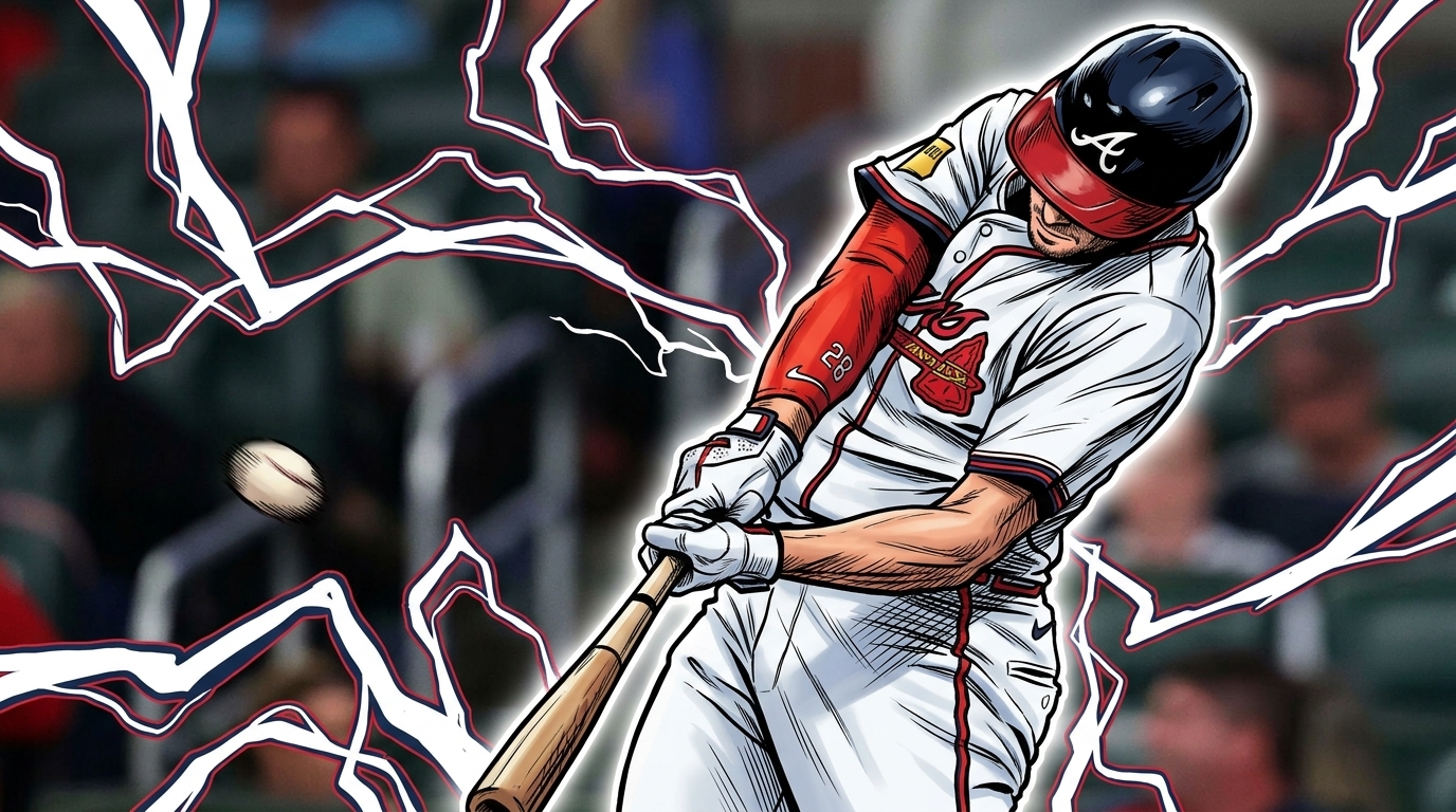 Comic-style illustration of Matt Olson mid-swing in an Atlanta Braves home white uniform with red batting sleeve, electric-energy lightning bolts framing a blurred stadium background
