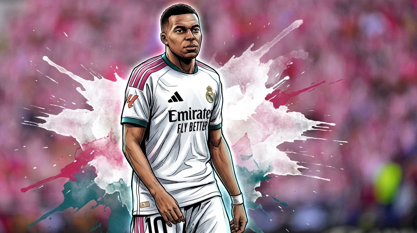 Comic-ink illustration of Kylian Mbappé in Real Madrid kit with pink and white watercolor-splash effect over a blurred stadium crowd background