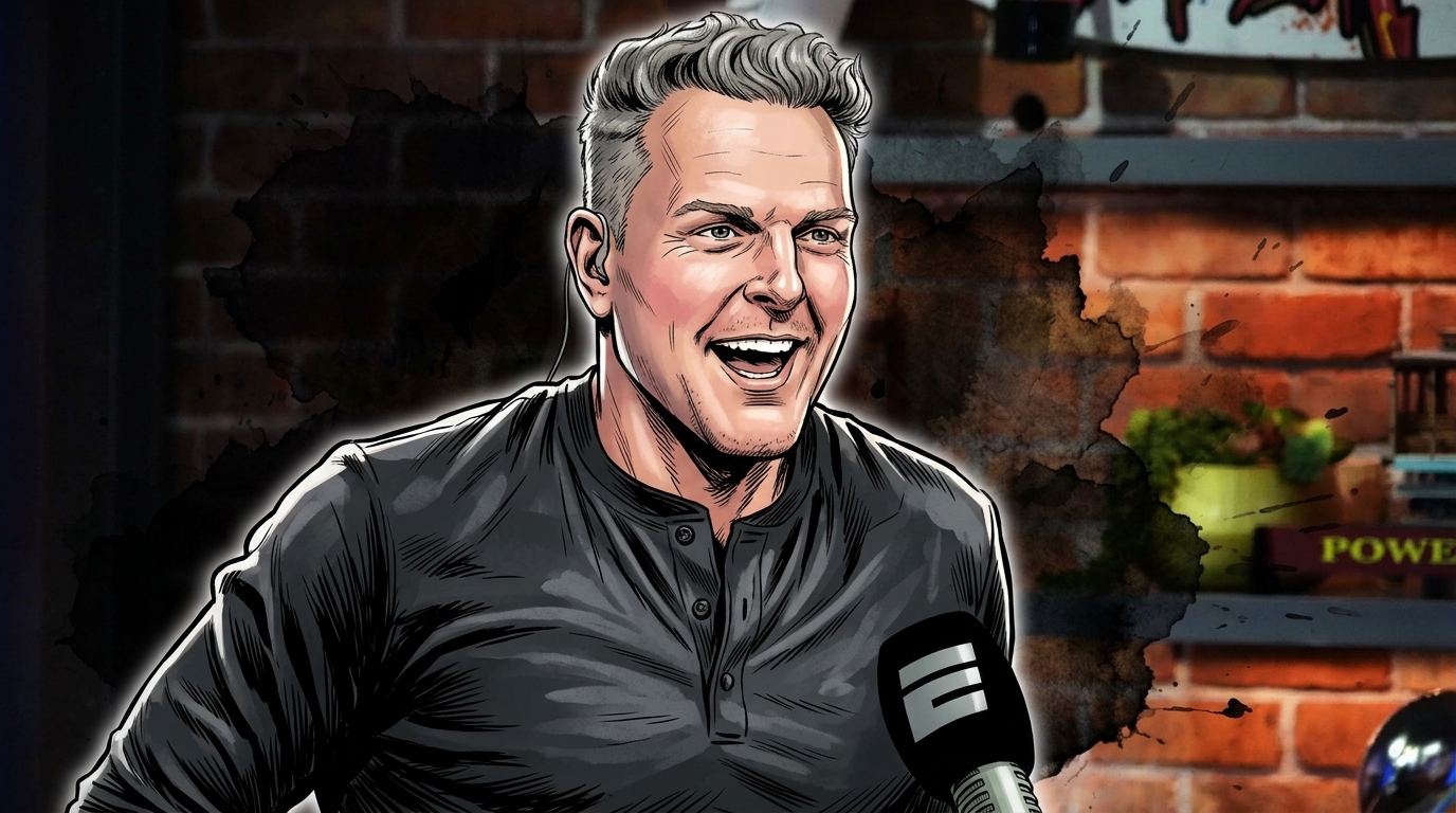 Comic-style illustrated portrait of Pat McAfee laughing mid-conversation in a black henley shirt with an earpiece, against a brick broadcast-studio background with an ESPN-branded microphone, rendered in an ink wash and watercolor bleed effect.