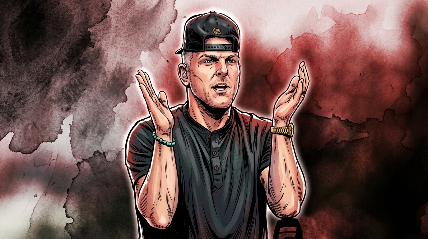 Comic-style illustration of Pat McAfee, hands raised mid-reaction, against a red and black ink-wash background