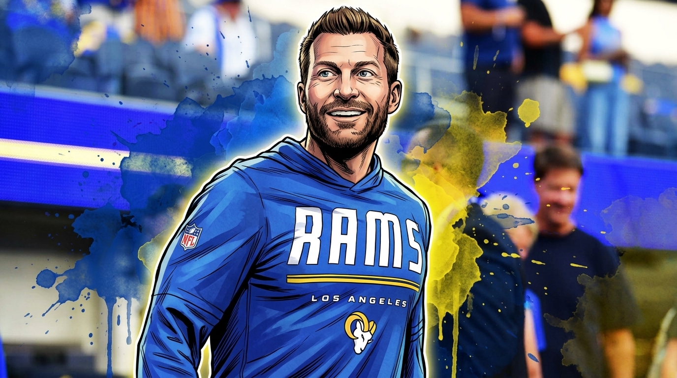 Comic-style illustration of Sean McVay smiling on the Rams sideline