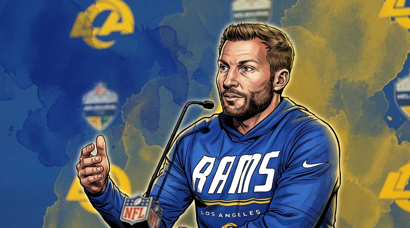 Comic-style illustration of Sean McVay gesturing mid-answer at a Los Angeles Rams press conference in a blue Rams hoodie, blue and gold halftone-dot effect over the Melbourne game backdrop