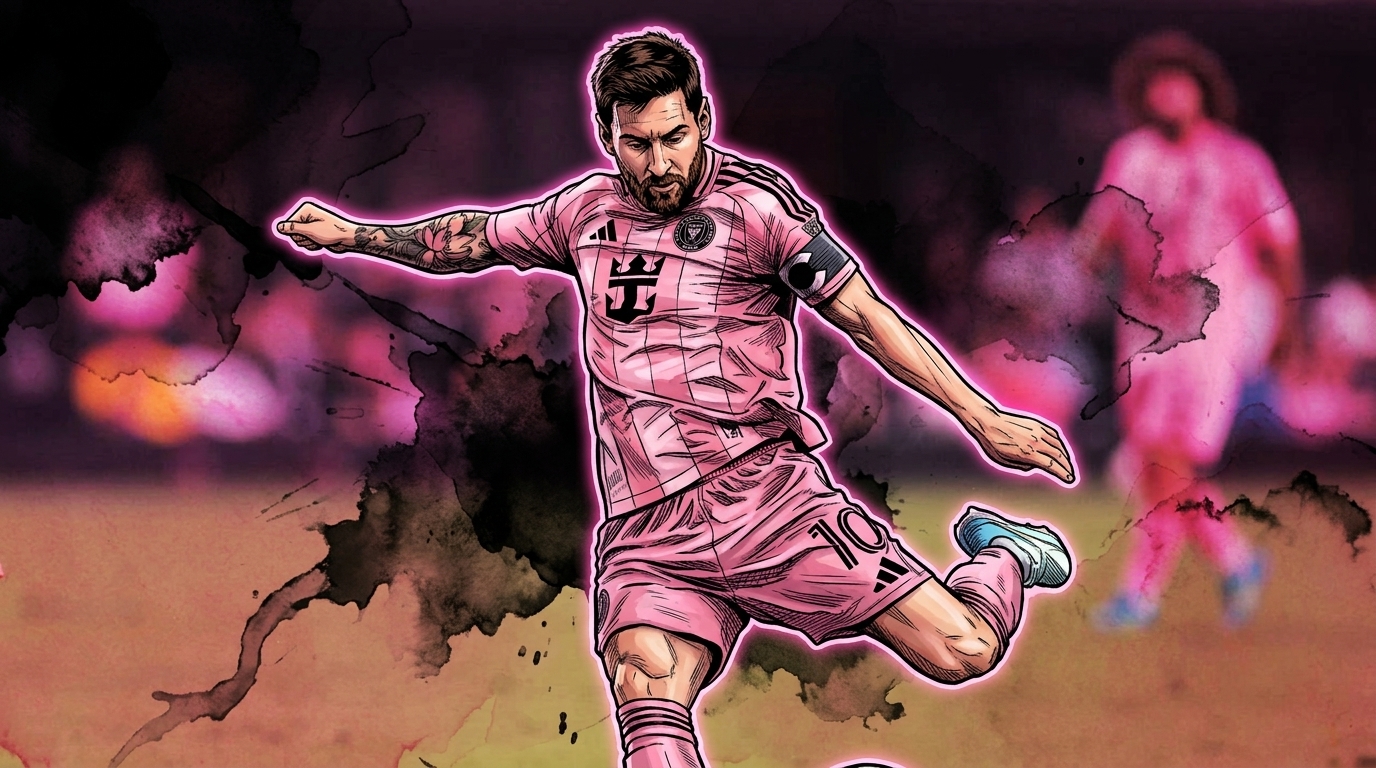 Comic-style ink-wash illustration of Lionel Messi striking a free kick in a pink Inter Miami kit