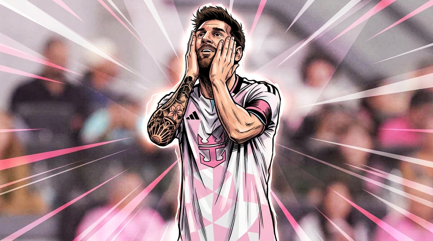 Comic-style illustration of Lionel Messi in an Inter Miami away kit with a pink light-streak effect