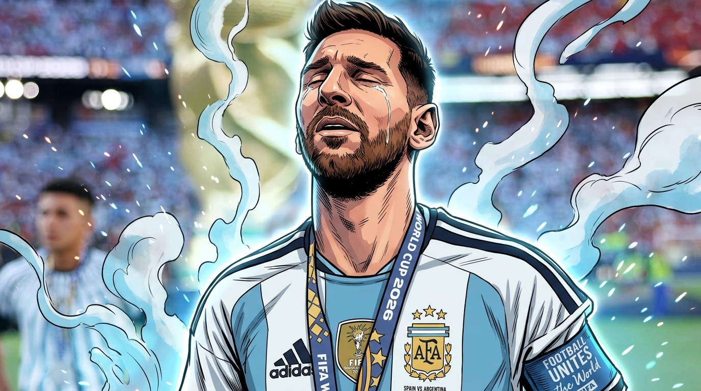 Comic-style illustration of Lionel Messi in an Argentina jersey and World Cup medal, eyes closed and head tilted back, geometric blue and white light streaks over a blurred stadium crowd and trophy backdrop