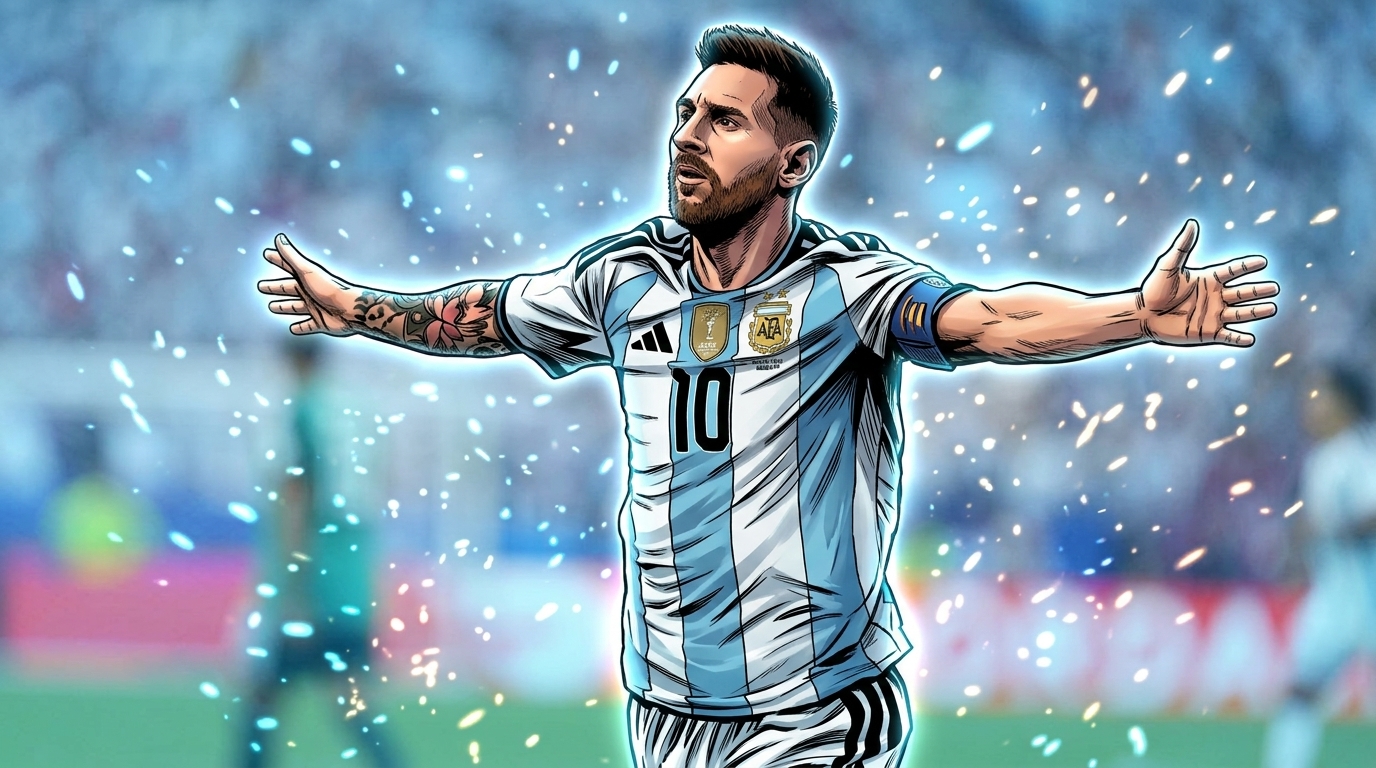 Lionel Messi in Argentina kit, Marvel comic illustration with particle embers effect