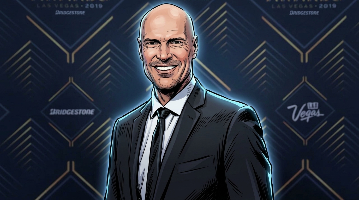 Mark Messier illustrated in comic style with a neon rim glow effect, wearing a black suit at an NHL Awards red carpet backdrop — Swipe Sports
