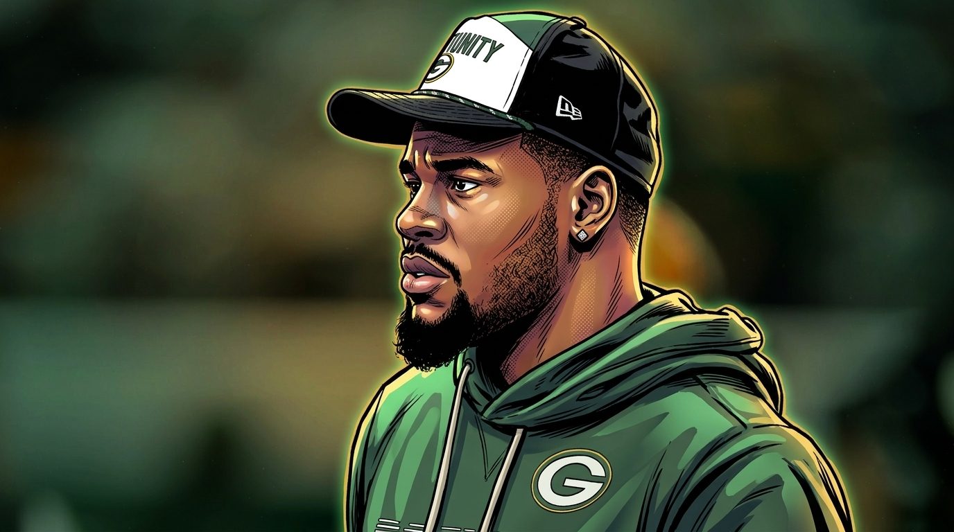 Comic-style illustration of Micah Parsons in a Green Bay Packers hoodie