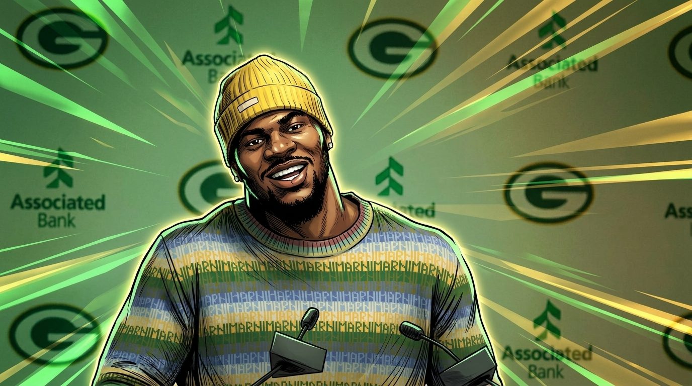 Comic-style illustration of Green Bay Packers edge rusher Micah Parsons in a yellow striped-pattern beanie and sweater, smiling at a press conference podium in front of a Packers logo backdrop, green and gold geometric light-streak effect