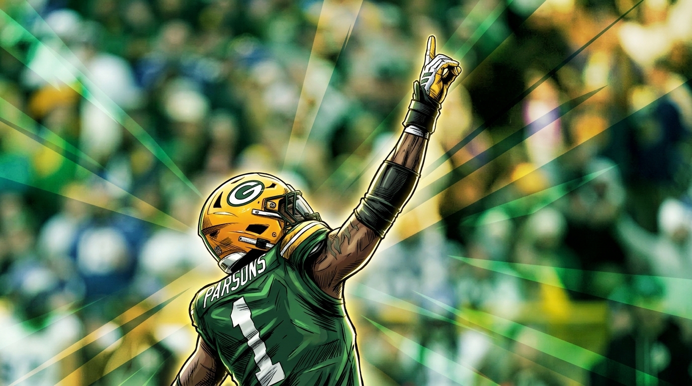 Comic-style illustration of Green Bay Packers edge rusher Micah Parsons pointing skyward in his #1 jersey, geometric light streak effect over a blurred stadium crowd background