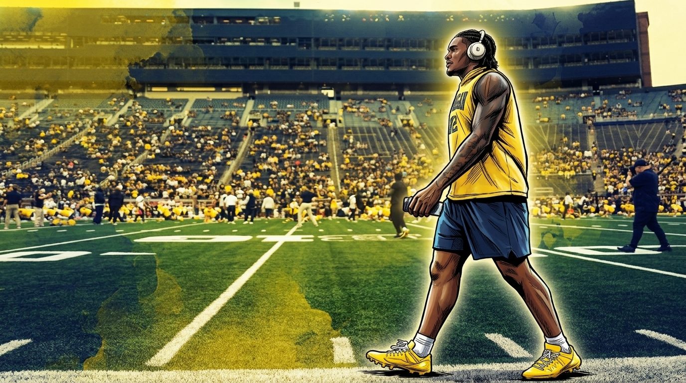Comic-style illustration of Michigan Wolverines quarterback Bryce Underwood walking across the field in a maize warmup top and navy shorts, bold ink outlines and cel-shading with a gold ink-wash effect, Michigan Stadium in the background