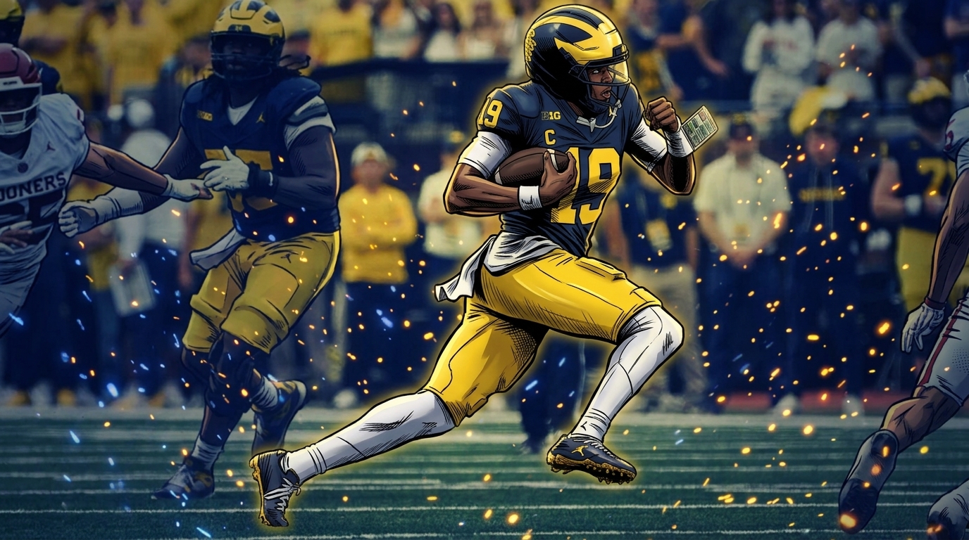 Comic-style illustration of Michigan quarterback Bryce Underwood running with the ball in a navy and maize home jersey, with a particle field / floating embers effect against the packed Big House stadium background