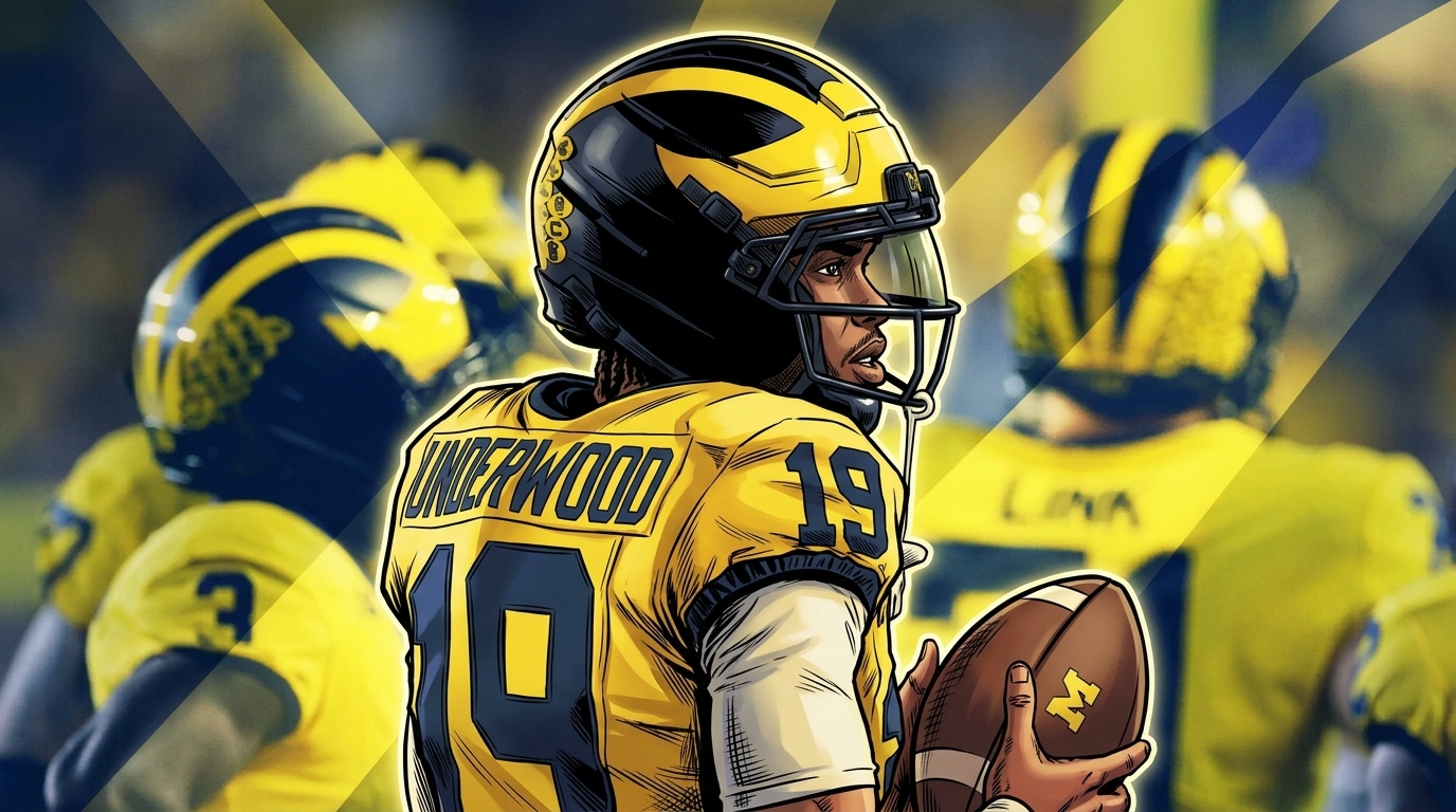 Comic-style illustration of Michigan quarterback Bryce Underwood in a maize home jersey with navy #19, geometric light streak effect over a night-game stadium background