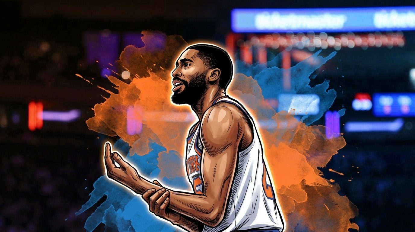 Comic-style illustration of Mikal Bridges in a white New York Knicks jersey, profile view reacting courtside, orange and blue ink-wash watercolor-bleed effect over a blurred Madison Square Garden arena background