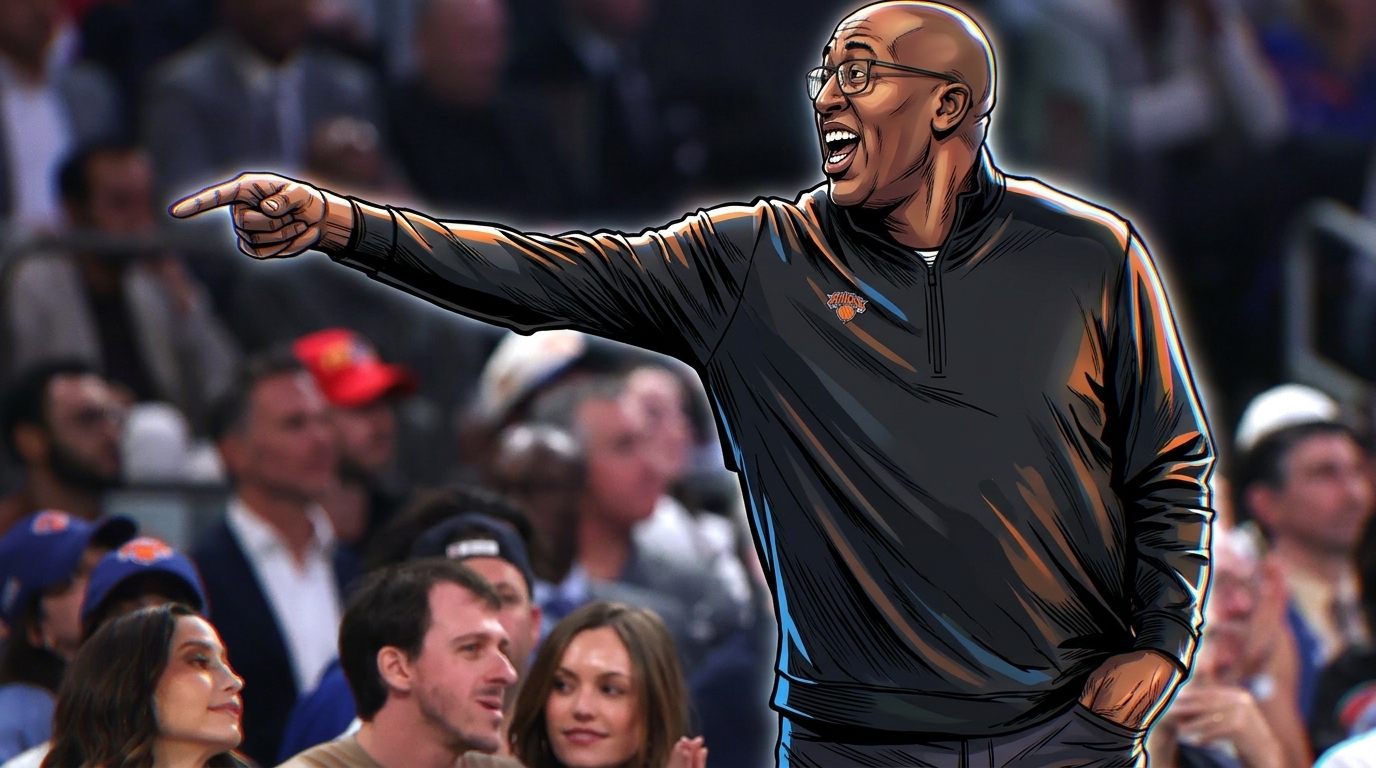 Mike Brown coaching the Knicks on the sideline in Marvel comic art style with chromatic dispersion effect